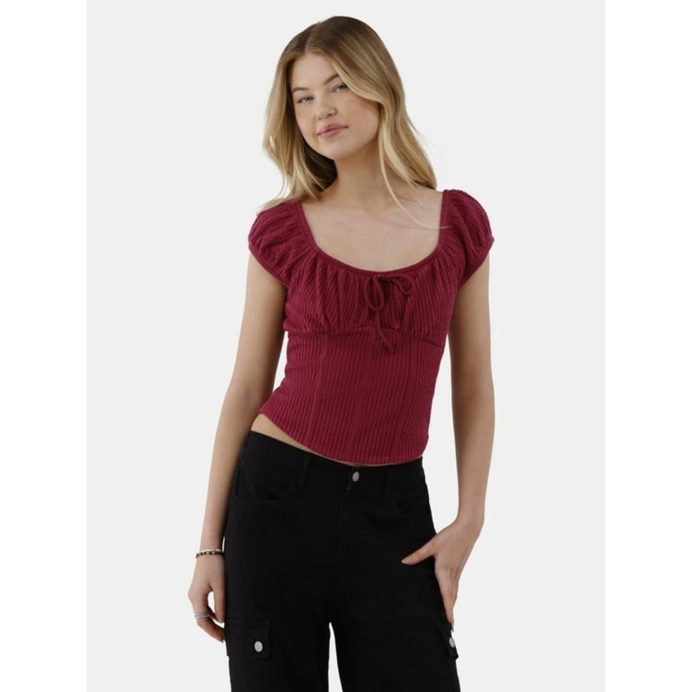 Boho Peasant Off Shoulder Cap Sleeve Stretchy Wine Magenta  Ruched Cropped Top M